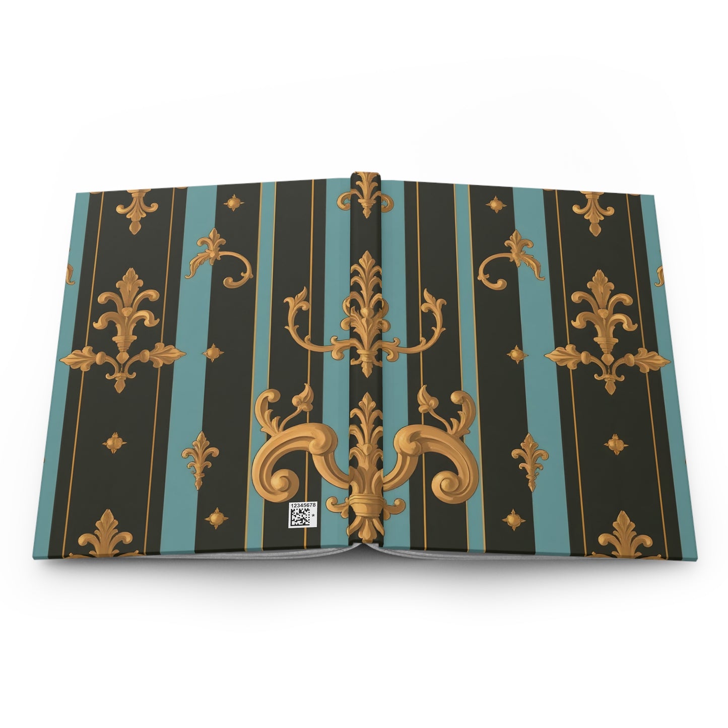 Elegant Vintage Hardcover Journal - Stylish Notebook, Diary for Writers, Travel Journal, Gift for Artists - Black & Turquoise Striped Baroque