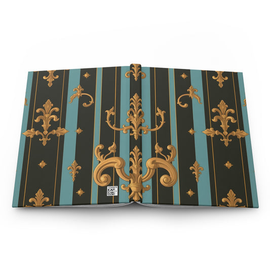 Elegant Vintage Hardcover Journal - Stylish Notebook, Diary for Writers, Travel Journal, Gift for Artists - Black & Turquoise Striped Baroque