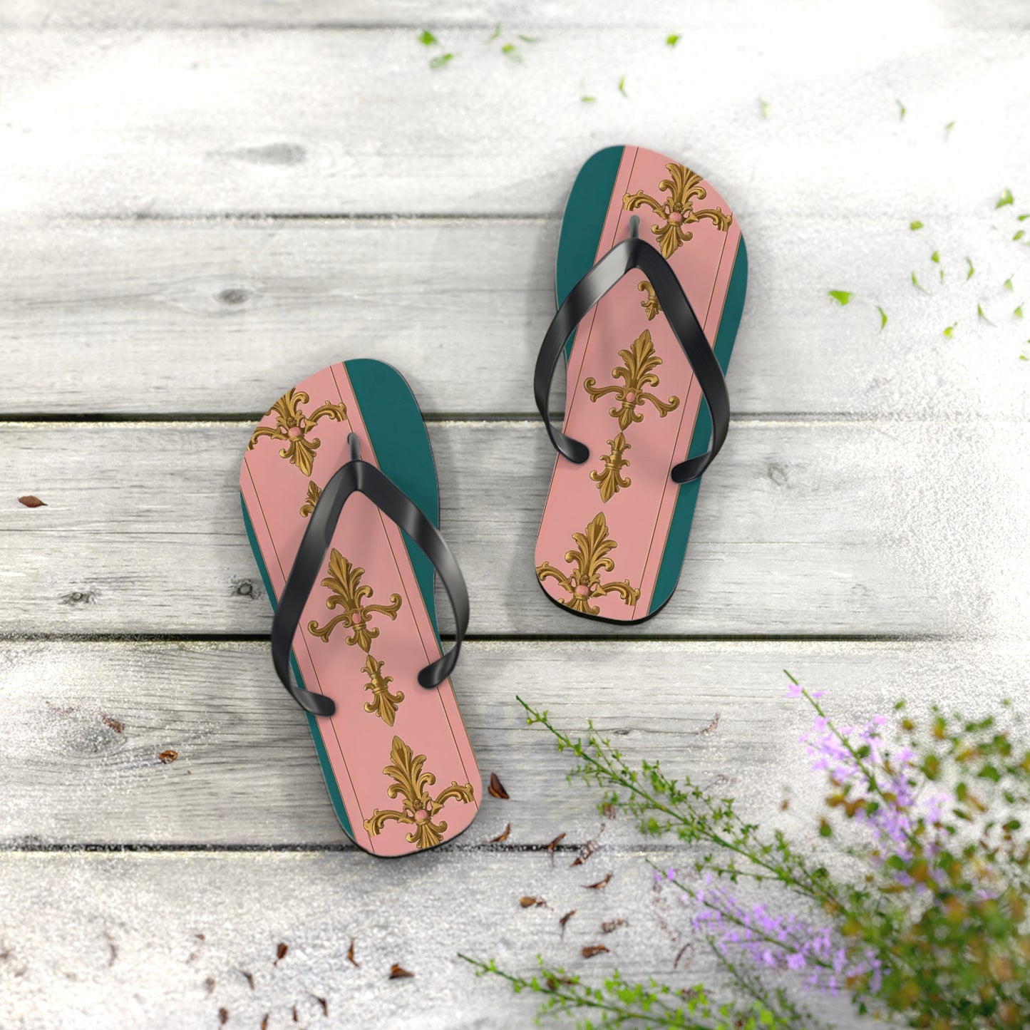 Chic Floral Flip Flops, Summer Sandals, Beach Footwear, Vacation Slides, Stylish Summer Accessories - Pink & Teal Striped Gold Baroque