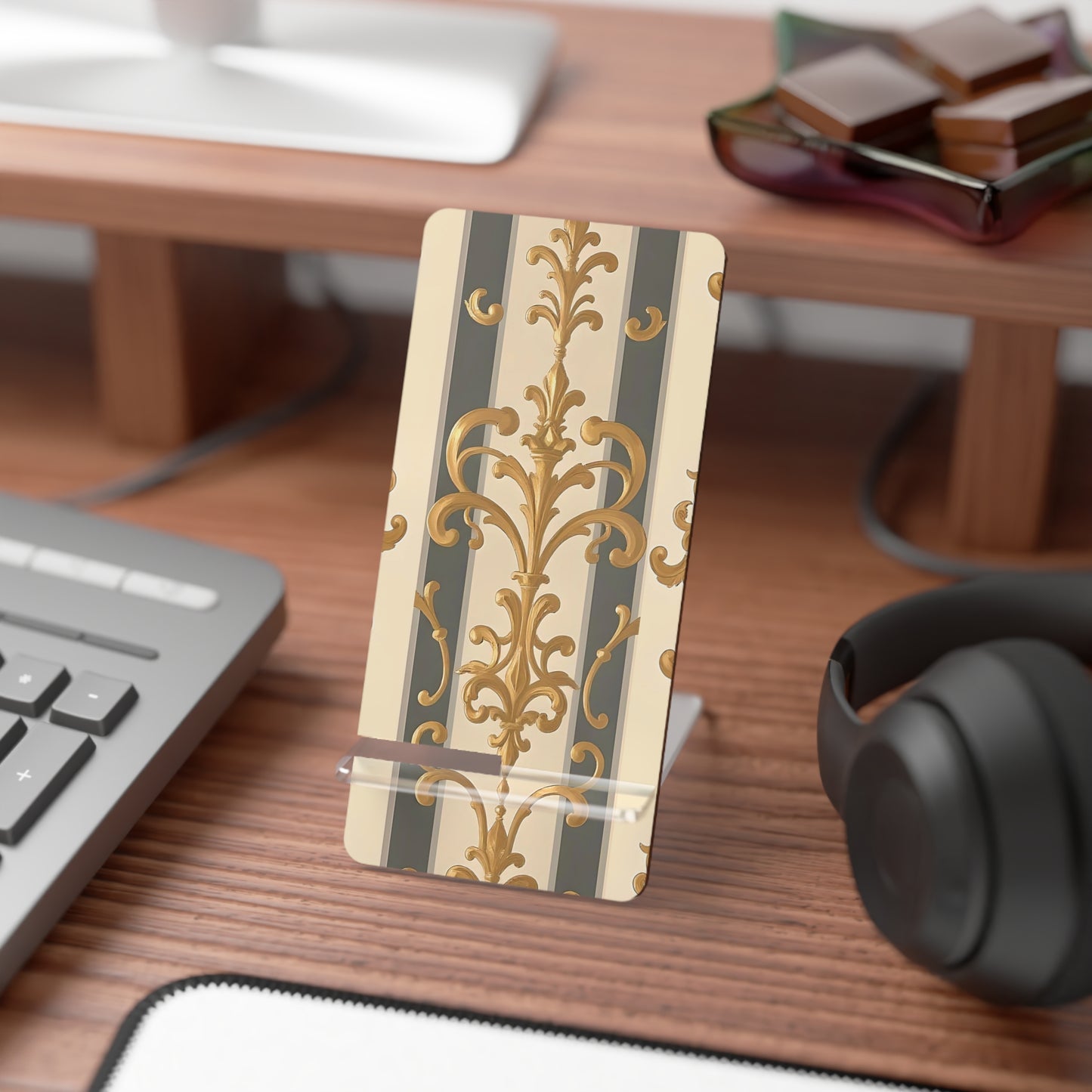 Elegant Floral Smartphone Display Stand - Dusk Olive Striped Gold Damask - Decorative Mobile Holder