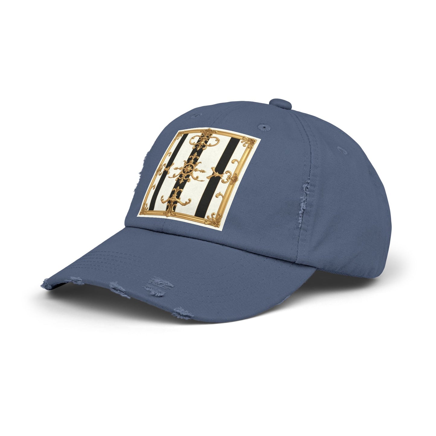 Stylish Distressed Cap with Unique Gold Design, Trendy Hat, Casual Wear, Gift for Him/Her - Black & White Striped Gold Baroque