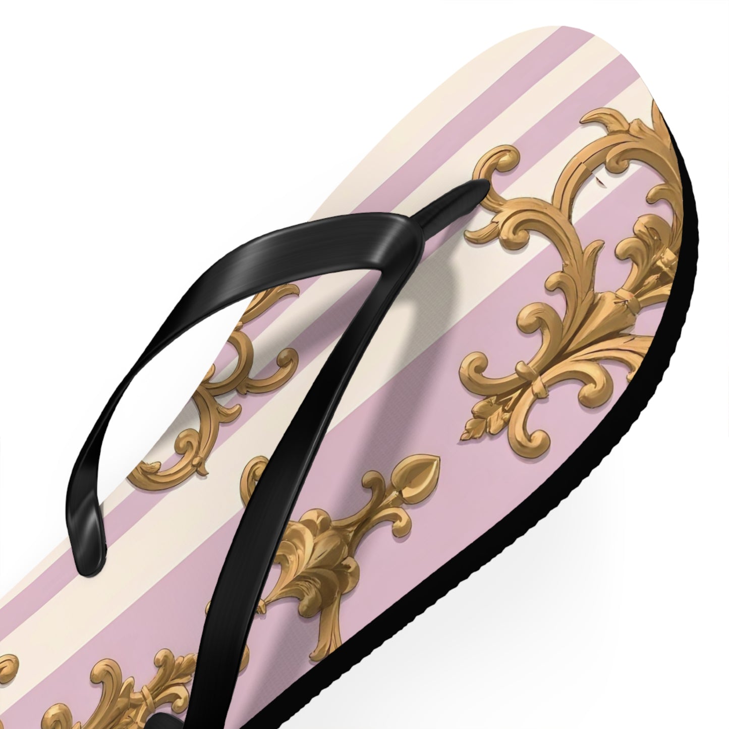 Chic Patterned Flip Flops for Stylish Summer Vibes, Beach Footwear, Vacation Sandals - Lilac & Alabaster Striped Gold Baroque