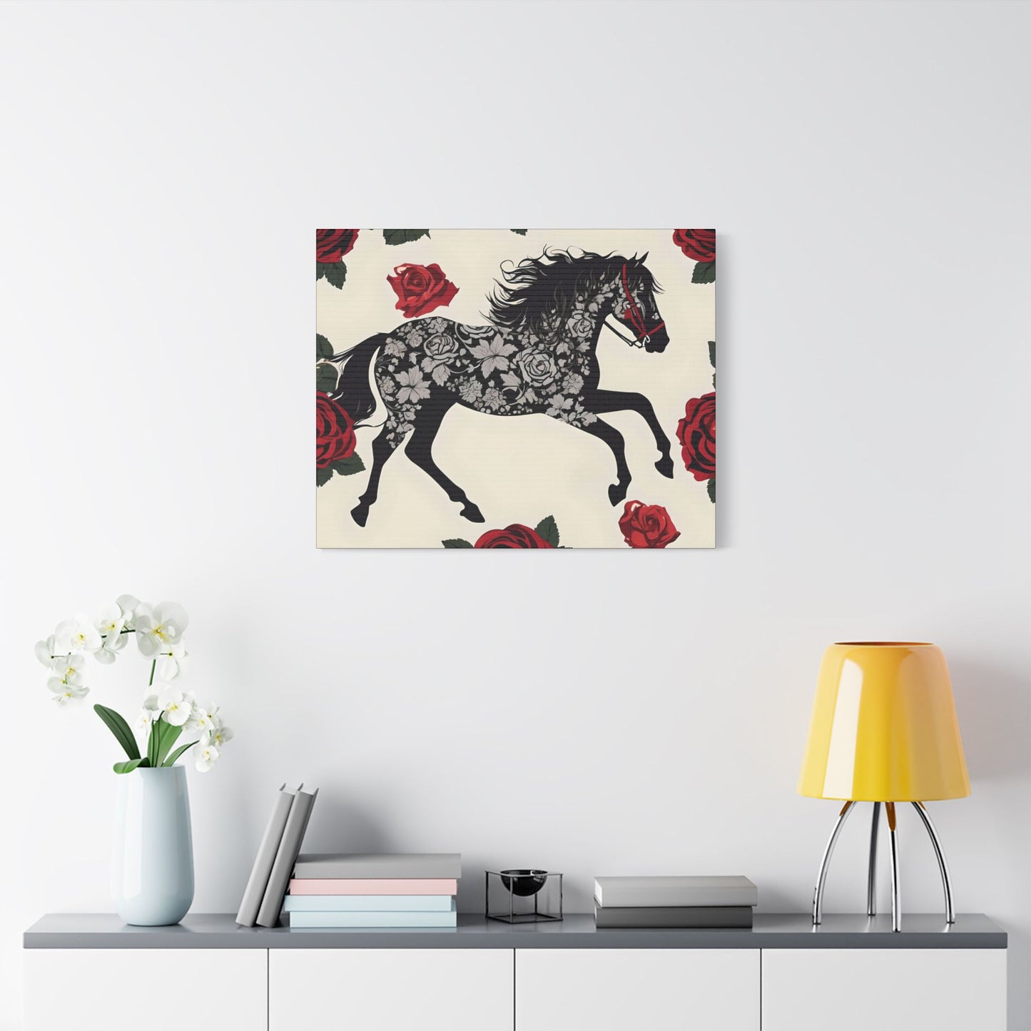 Art Print Canvas, Wall Decor, Satin Stretched Canvas, Equestrian Art, Office Decor, Home Decor - Horse & Roses