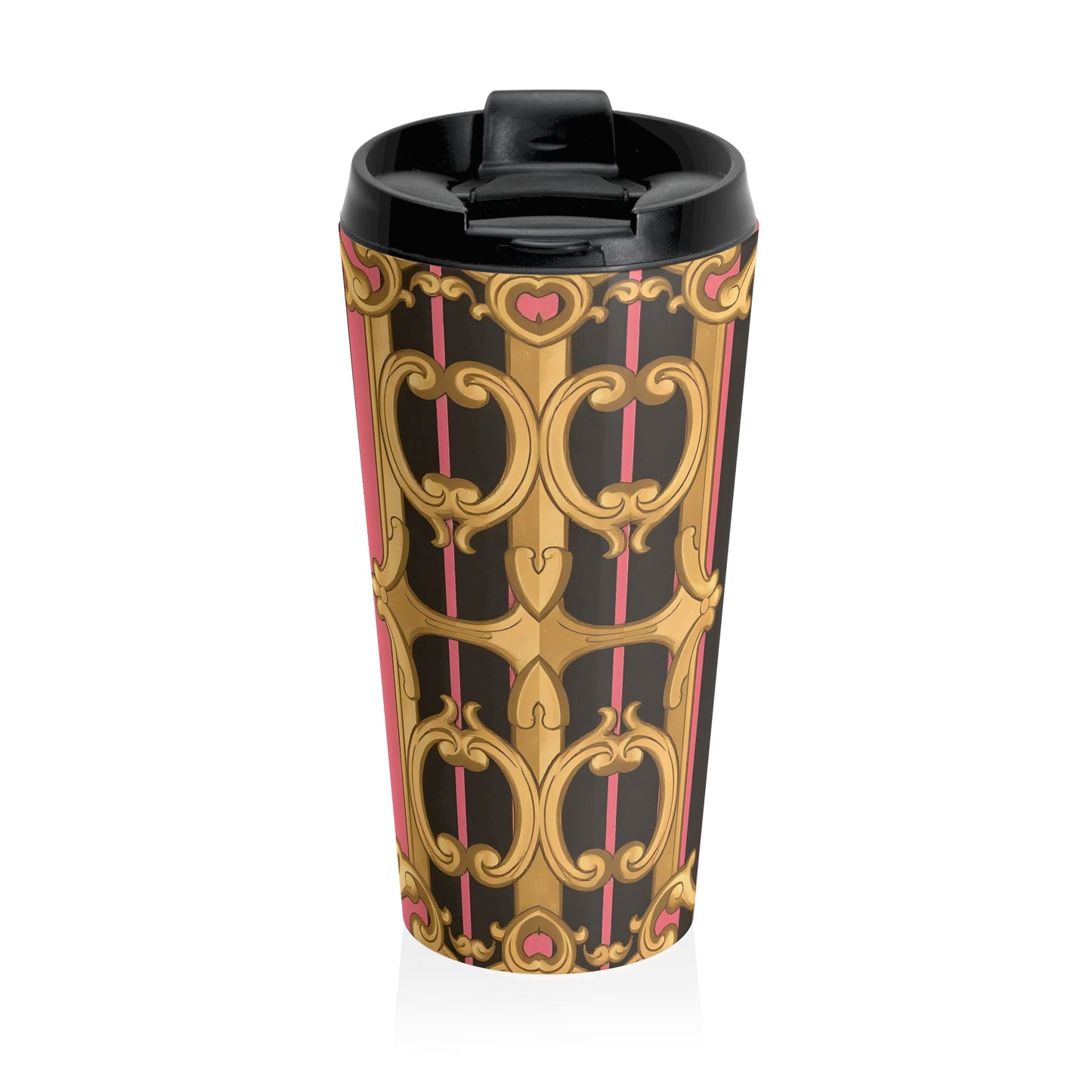 Chic Pink Travel Mug, Elegant Coffee Cup, Perfect for Gifts, Stylish Insulated Mug - Pink & Black Striped Gold Baroque