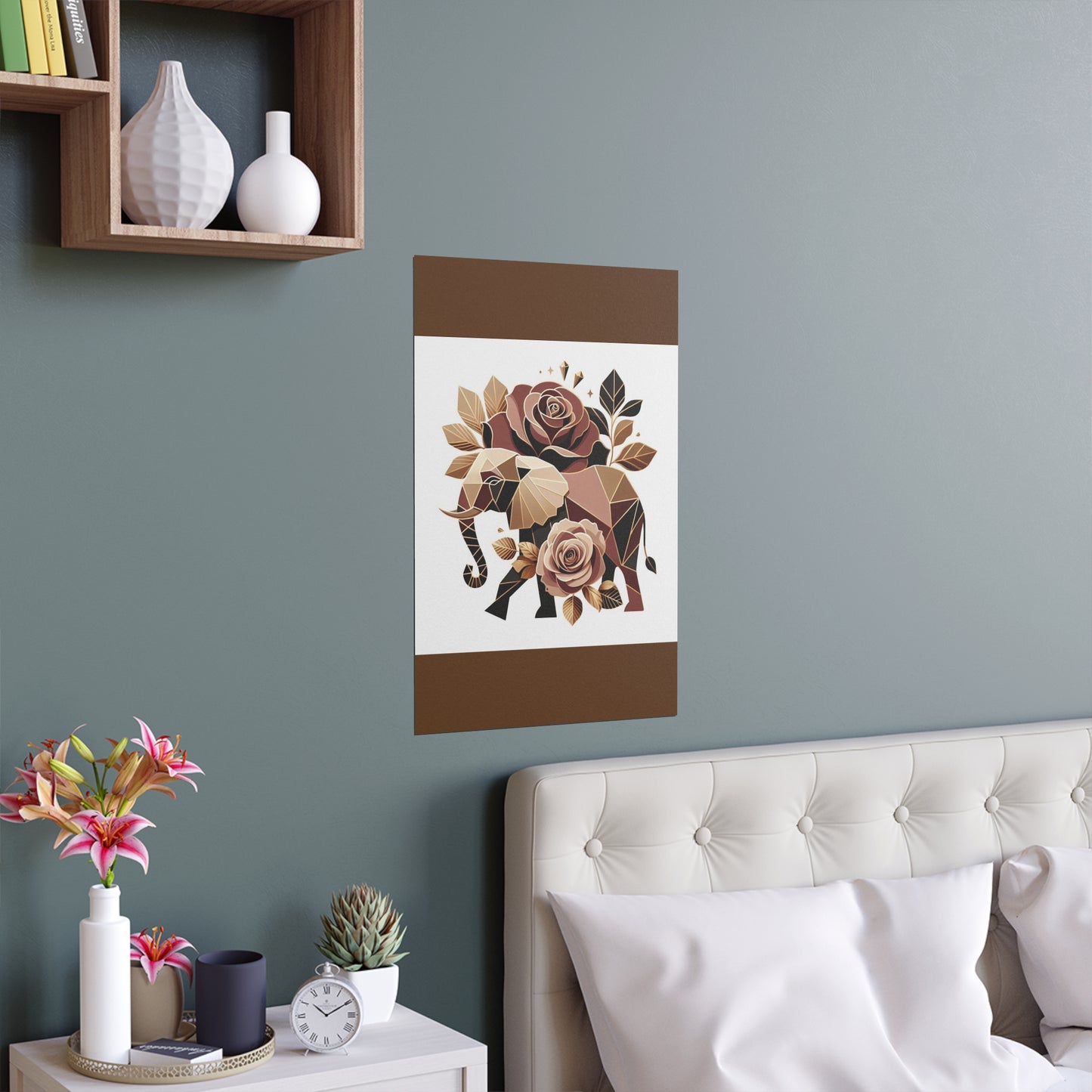 Elegant Floral Silk Poster - Indoor/Outdoor Wall Art for Home Decor - Brown & Gold Elephant & Roses
