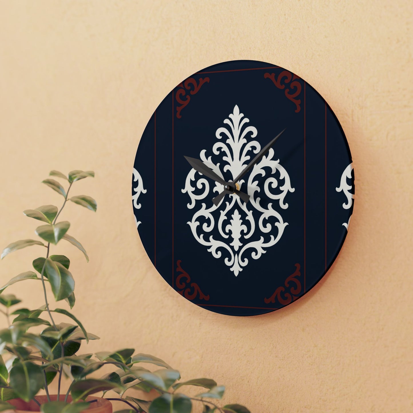 Dusk Blue-Maroon & White Baroque Acrylic Wall Clock — Navy & Ivory Decorative Timepiece