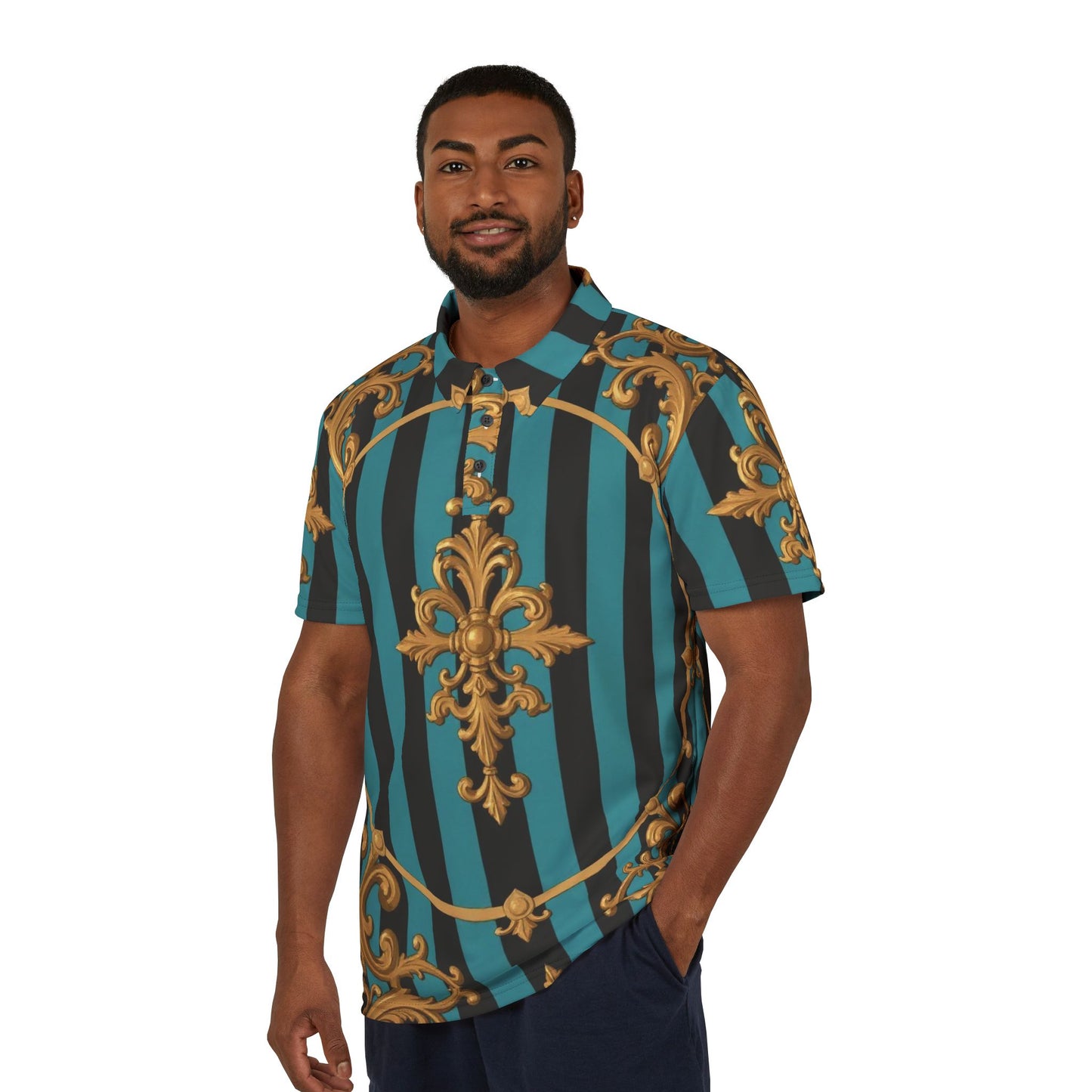 Turquoise & Black Striped Gold Baroque Unisex Polo Shirt, Fashionable Casual Wear, Stylish Gift for Him/Her, Elegant Everyday Polo