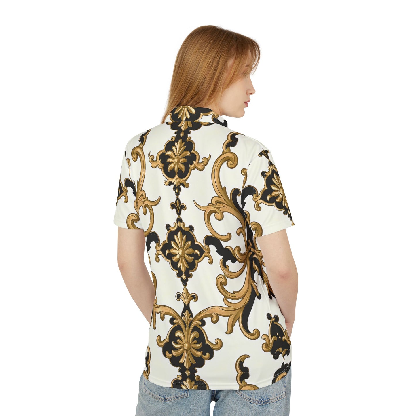 Elegant Baroque Pattern Polo Shirt, Stylish Casual Wear, Spring Fashion, Gift for Him, Unique Polo Top - Black & Gold Rococo