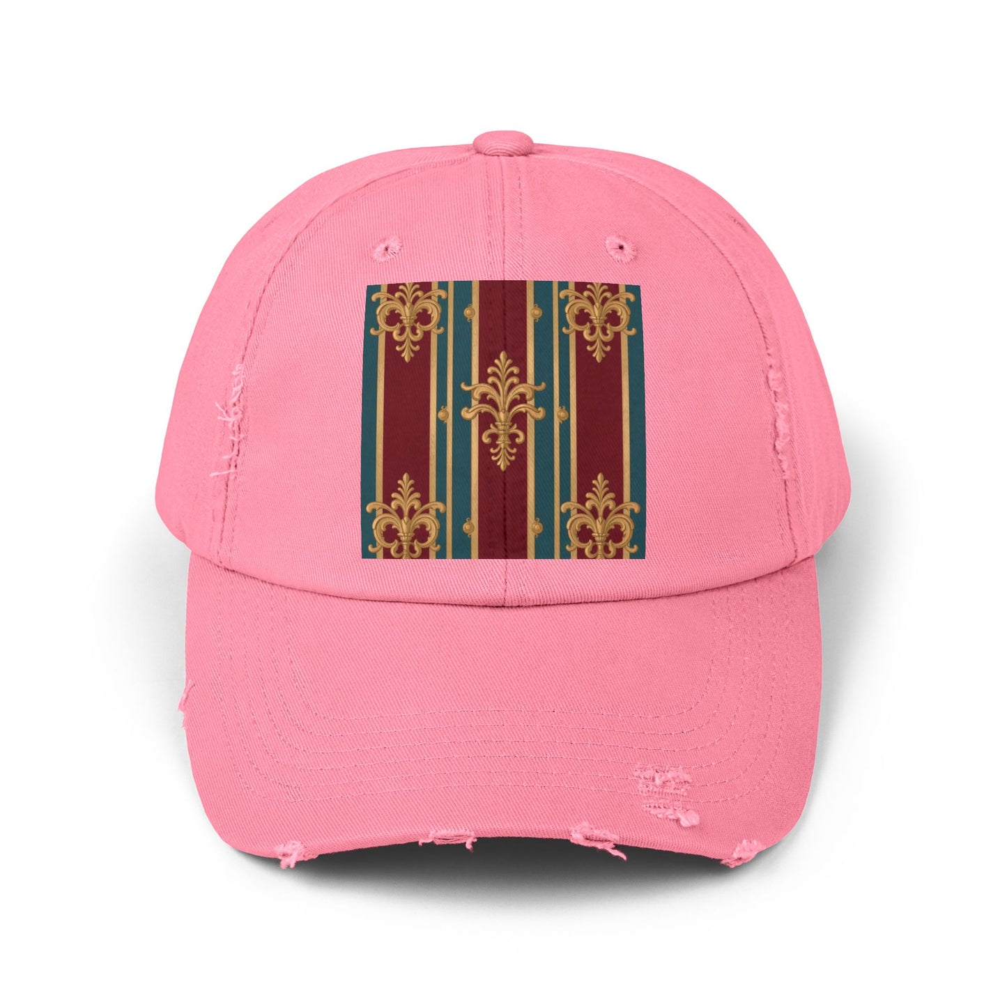 Stylish Unisex Distressed Cap with Vintage Striped Design, Casual Wear, Outdoor Activities, Gift for Him/Her - Burgundy Striped Gold Baroque