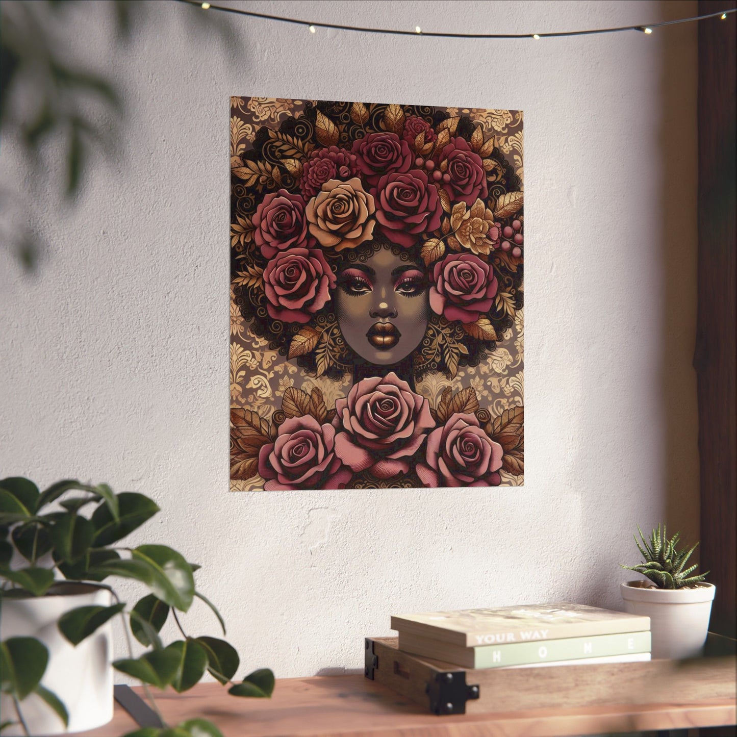 Floral Afro Art Poster - Elegant Matte Vertical Wall Decor - Mauve Lady & Damask