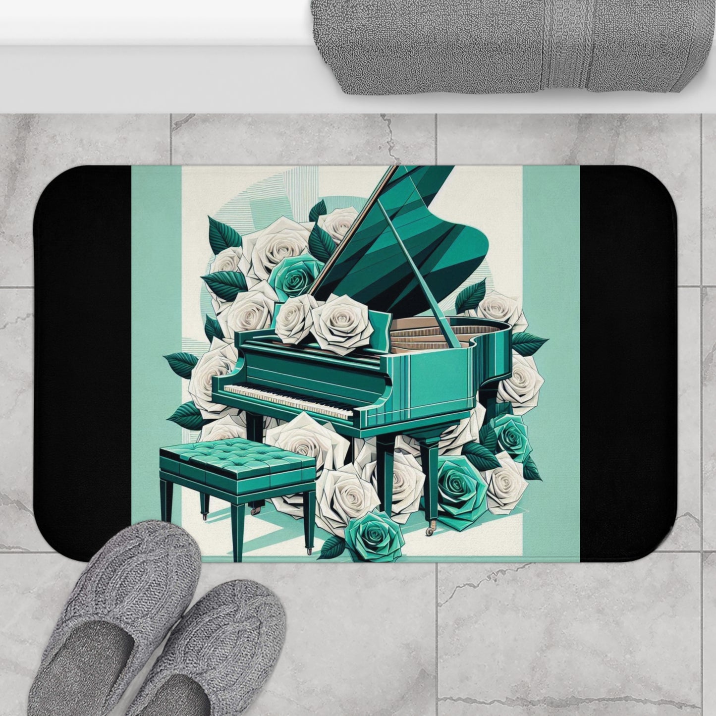 Elegant Aqua Piano & Roses Bath Mat - Music Lover Decor
