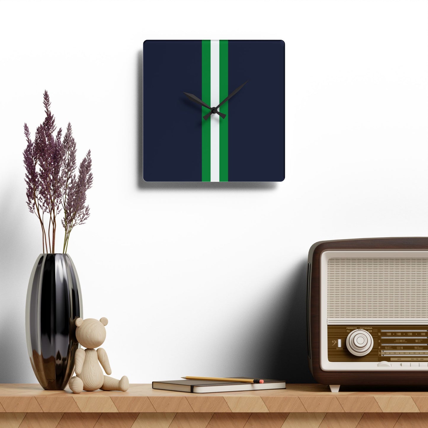 Lunar Midnight & Green-White Striped Modern Acrylic Wall Clock with Minimalist Design, Home Decor, Office Wall Art, Gifts for Him/Her
