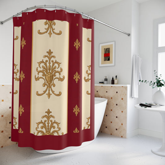 Vintage Floral Shower Curtain - Luxurious Home Décor for Classy Bathrooms - Dusk Red Striped Gold Damask