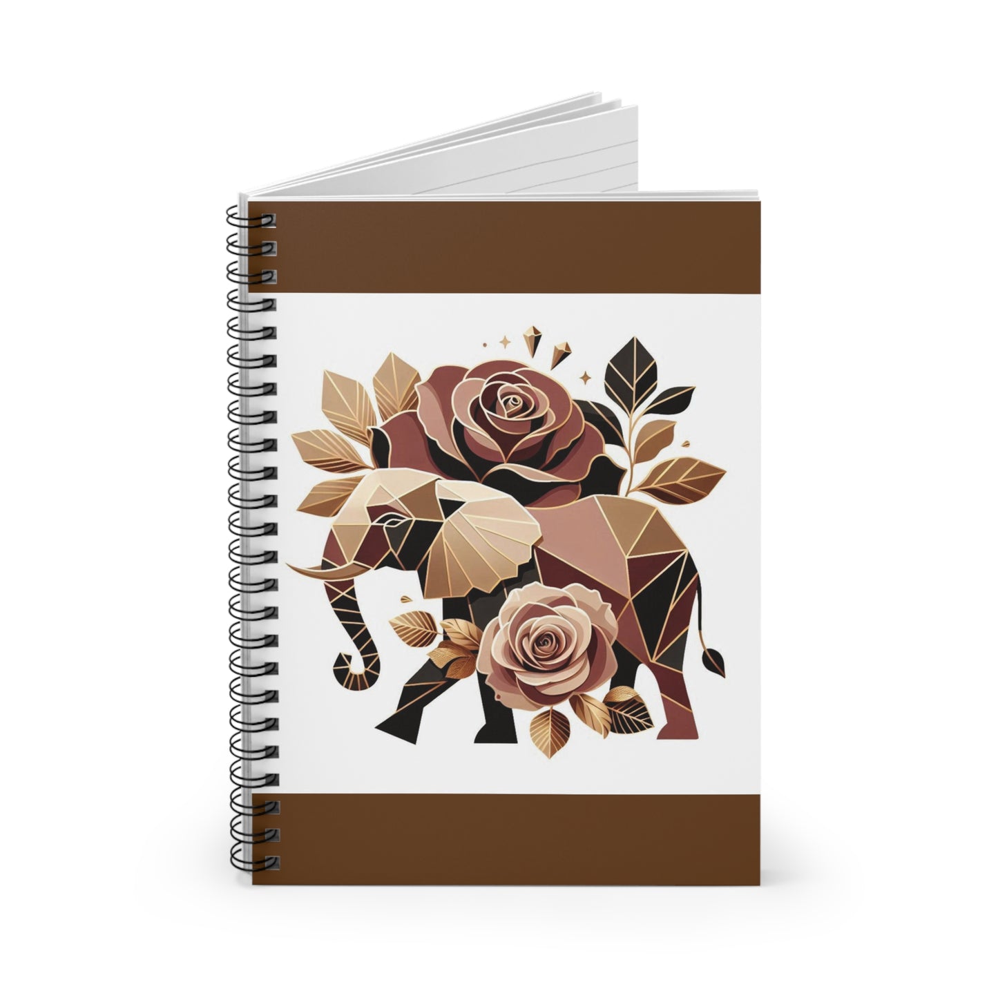 Stylish Elephant Spiral Notebook - Ruled Line with Floral Design - Brown & Gold Elephant & Roses Design