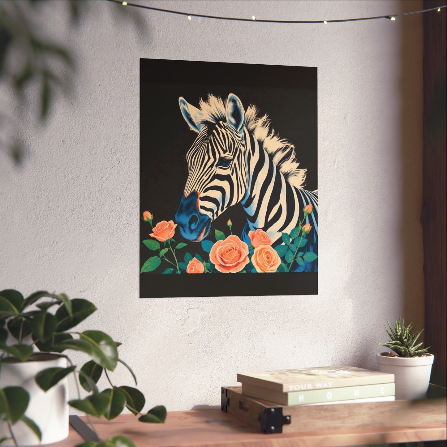 Floral Art Poster - Elegant Matte Vertical Wall Decor - Blue Zebra & Roses