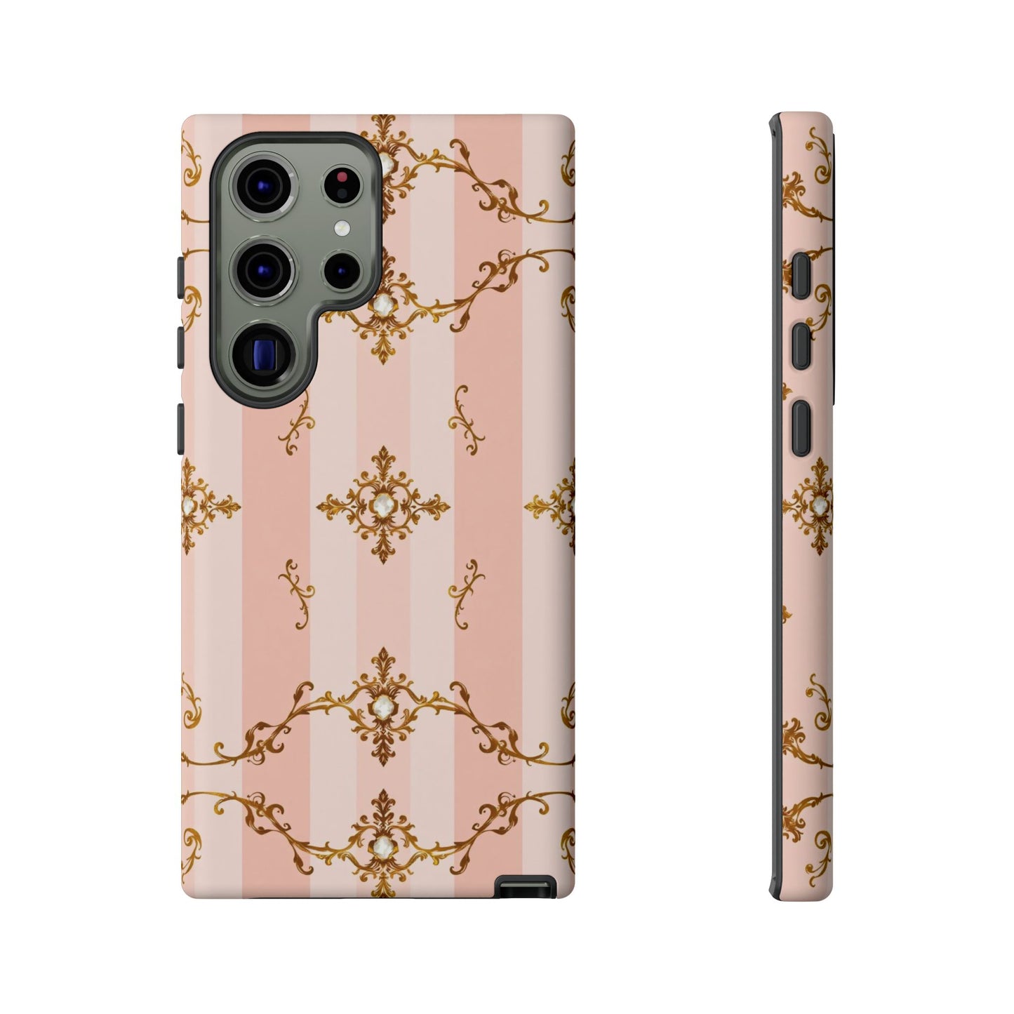 Elegant Floral Phone Case, Tough Cases for Women, Trendy Phone Cover, Chic Gift - Pink Jeweled Striped Gold Baroque