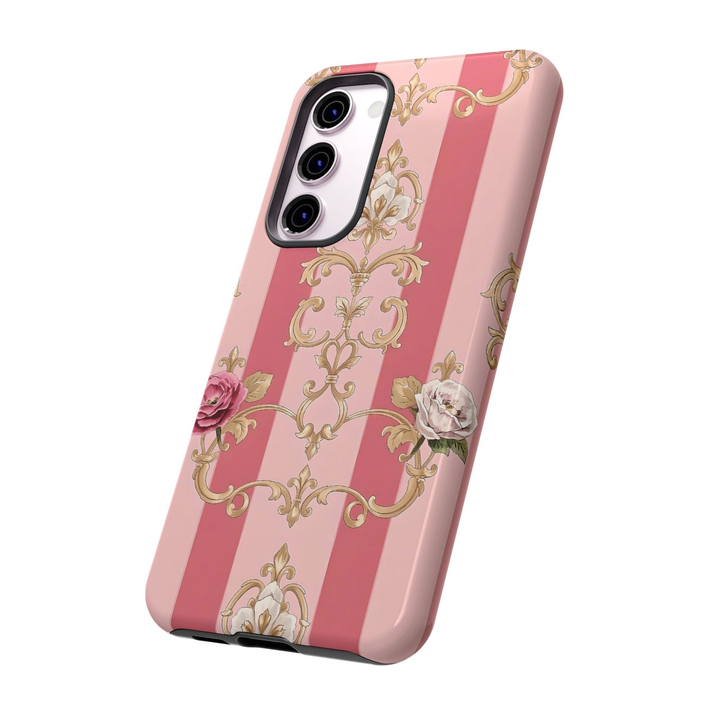 Elegant Floral Motif Phone Case - Tough Cases with Vintage Design - Pink Striped Roses & Damask
