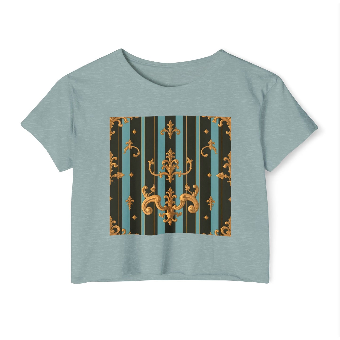 Boho Festival Crop Top, Trendy Summer Top, Stylish Women’s Crop Tee, Perfect for Music Festivals, Casual Wear - Black & Turquoise Striped Baroque