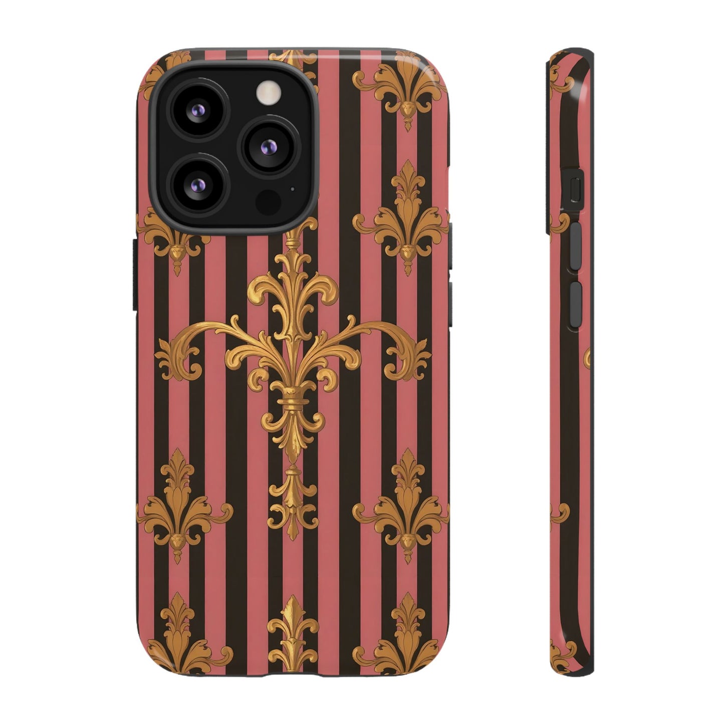 Elegant Floral Motif Phone Case - Tough Cases with Vintage Design - Mauve Striped Gold Damask