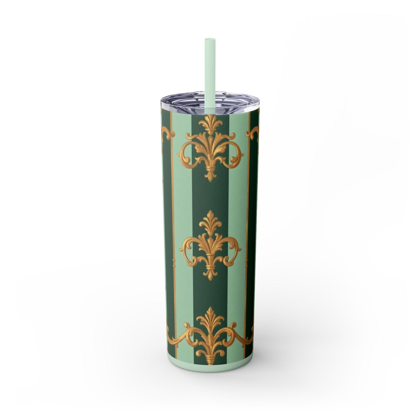 Elegant Floral Skinny Tumbler with Straw, 20oz – Stylish Travel Mug, Eco-Friendly Reusable Cup - Mint Green & Teal Striped Gold Baroque