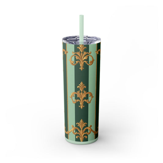 Elegant Floral Skinny Tumbler with Straw, 20oz – Stylish Travel Mug, Eco-Friendly Reusable Cup - Mint Green & Teal Striped Gold Baroque