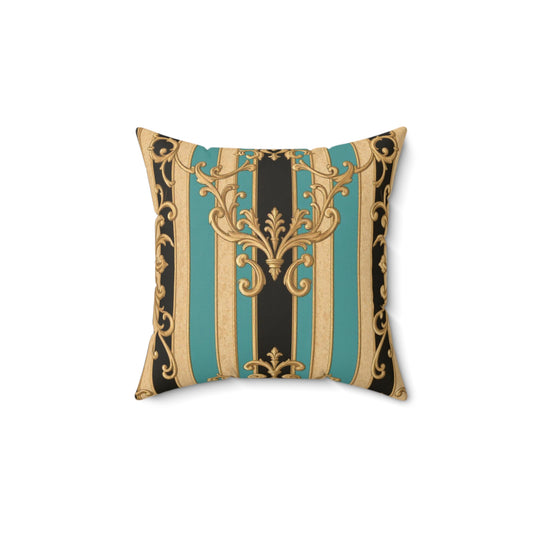 Elegant Black, Tan & Ocean Green Striped Gold Baroque Vintage-Inspired Square Pillow, Decorative Throw Pillow, Home Decor, Accent Cushion
