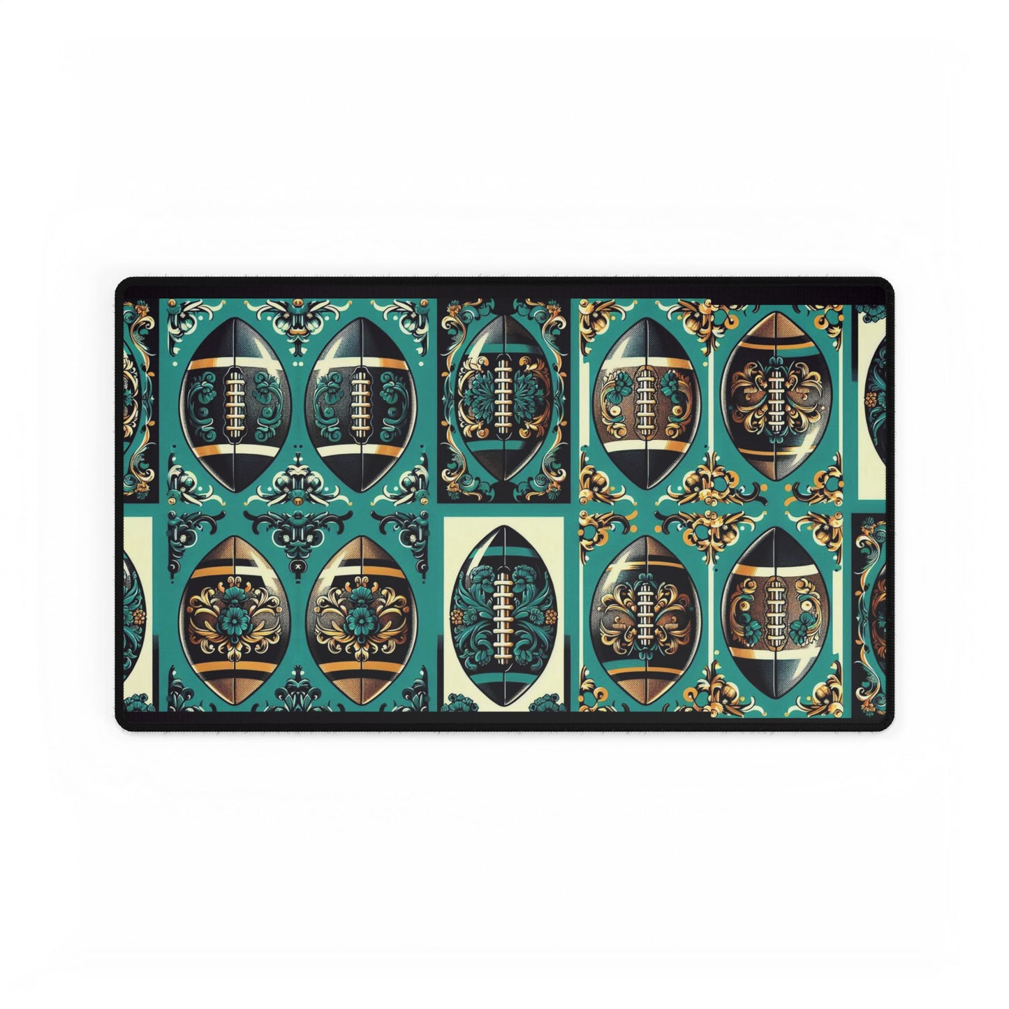 Desk Mat - Elegant Floral Motif for Home Office Decor - Teal, Gold & Black Damask Footballs