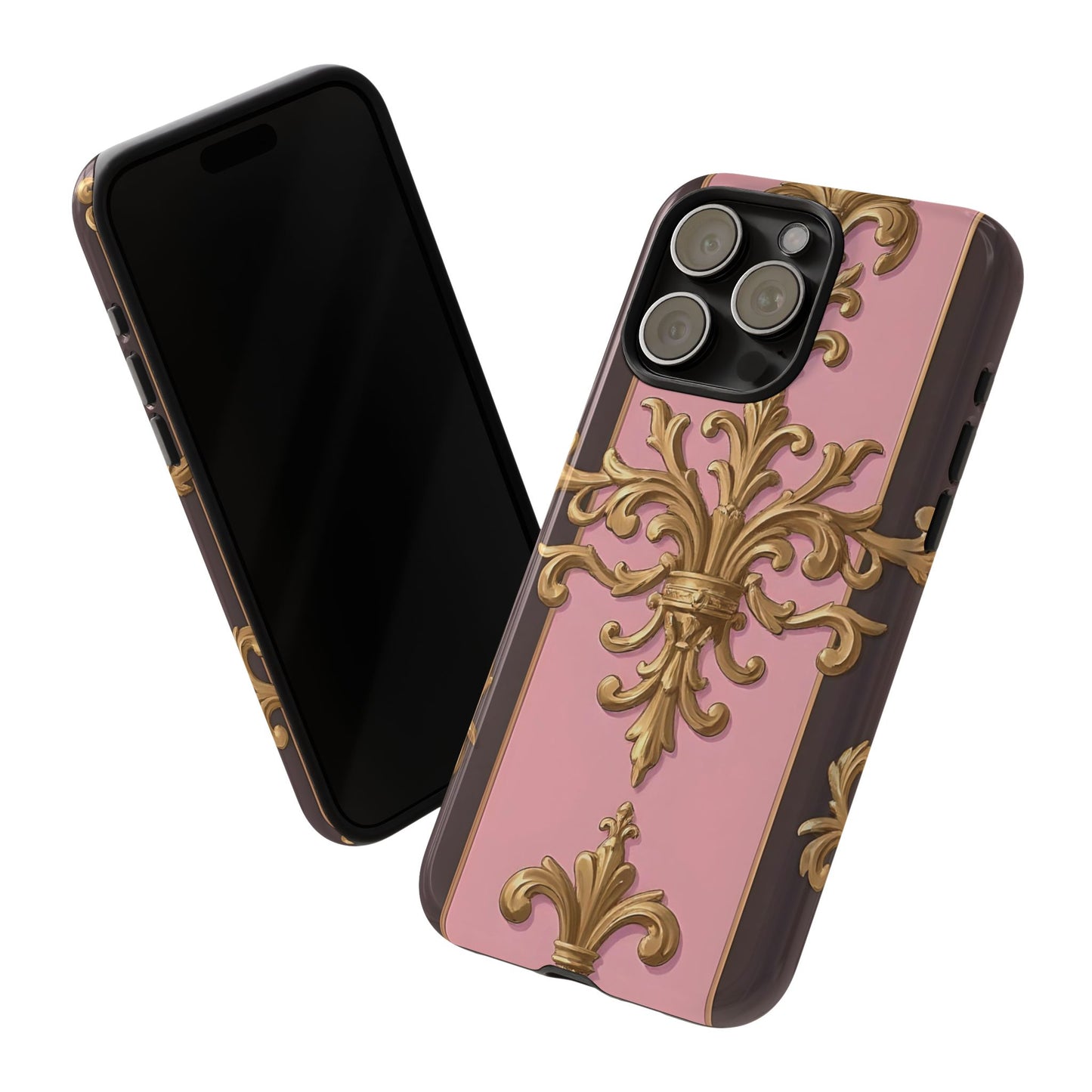 Elegant Floral Motif Phone Case - Tough Cases with Vintage Design - Pink & Brown Striped Gold Damask