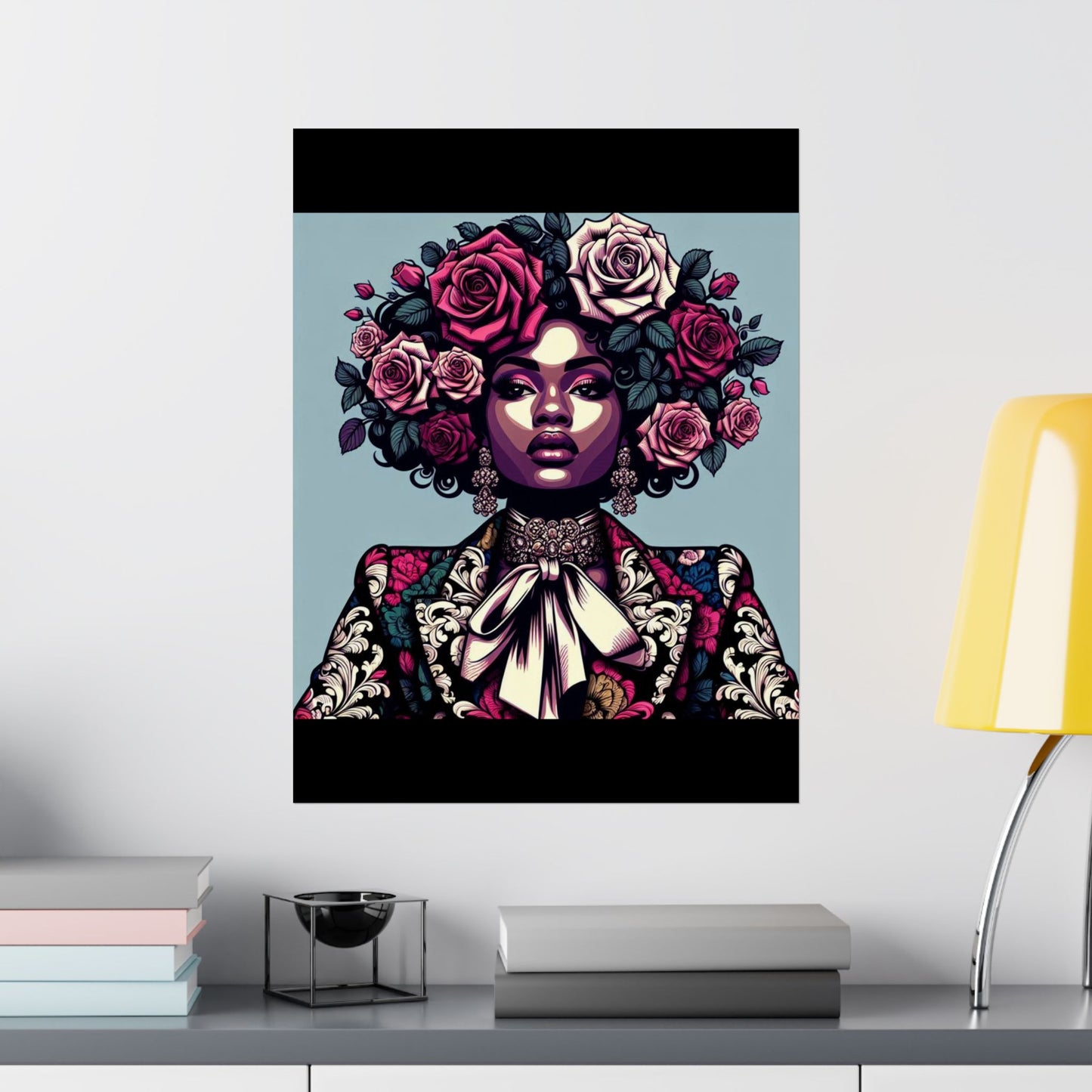 Floral Afro Art Poster - Elegant Matte Vertical Wall Decor - Lady In Damask Suit & Roses