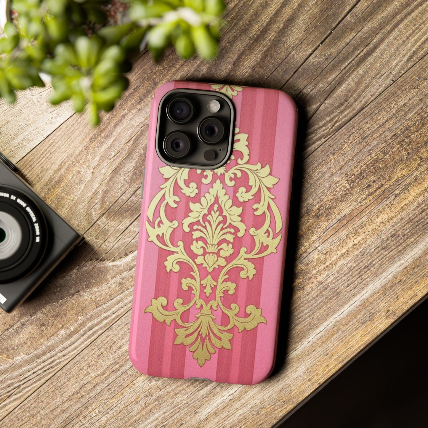 Elegant Floral Motif Phone Case - Tough Cases with Vintage Design - Pink Striped Damask