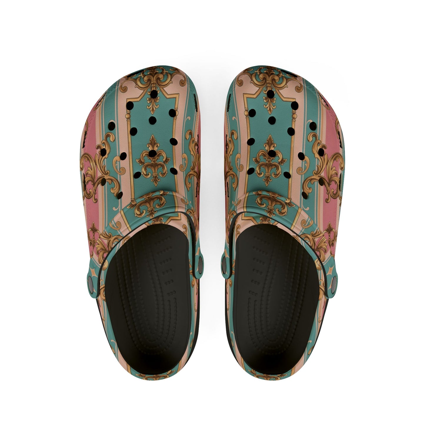 Fashionable AOP EVA Foam Rubber Shoes, Trendy Comfort Footwear, Perfect for Home - Pink & Matte Turquoise Striped Rococo