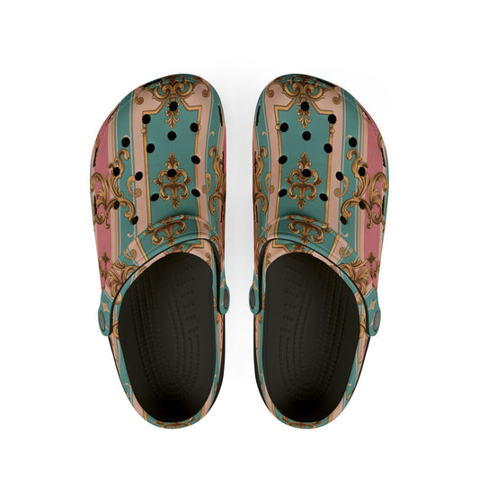 Fashionable AOP EVA Foam Rubber Shoes, Trendy Comfort Footwear, Perfect for Home - Pink & Matte Turquoise Striped Rococo