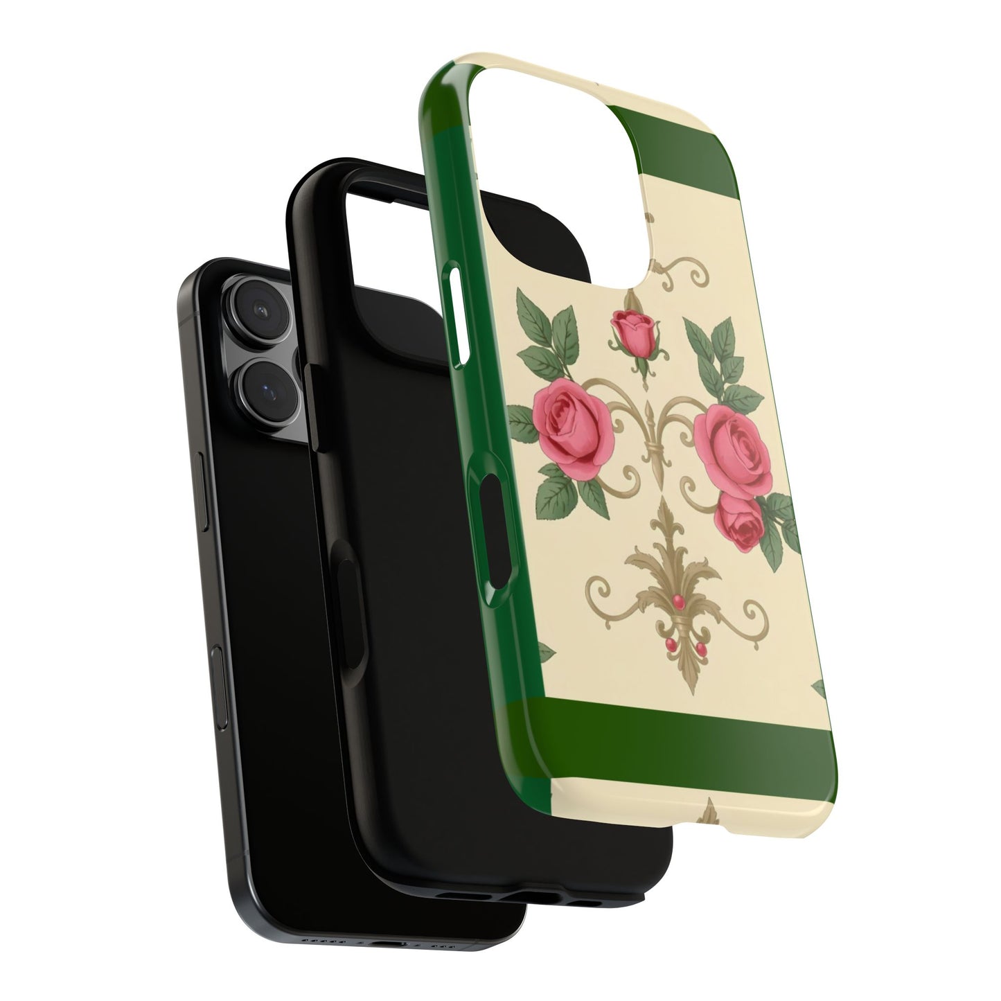 Elegant Floral Motif Phone Case - Tough Cases with Vintage Design - Green Border Roses & Damask