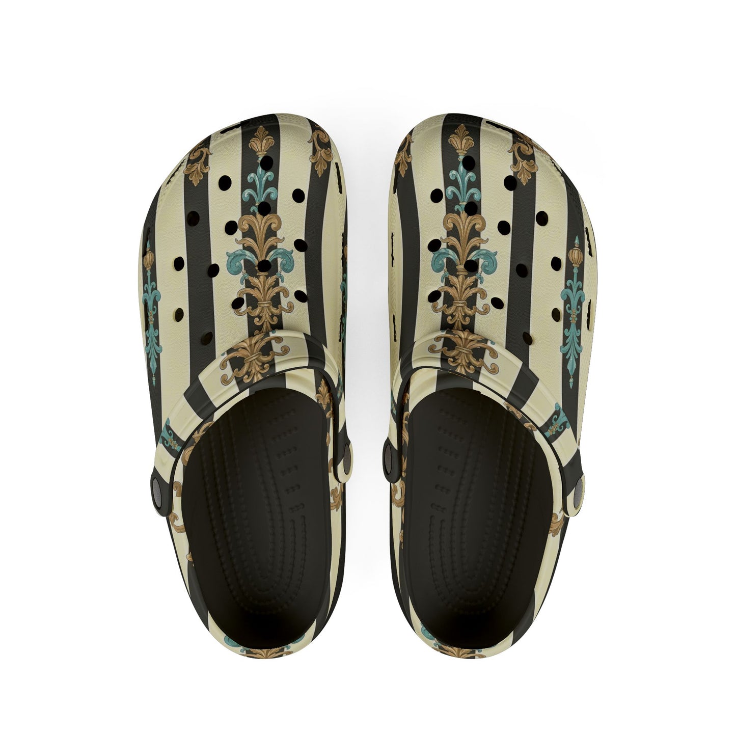 Stylish Floral EVA Foam Clogs – Comfortable & Durable Outdoor Footwear, Slip-On Comfort - Black Striped Turquoise & Black Rococo