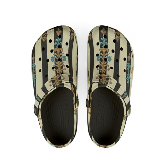 Stylish Floral EVA Foam Clogs – Comfortable & Durable Outdoor Footwear, Slip-On Comfort - Black Striped Turquoise & Black Rococo