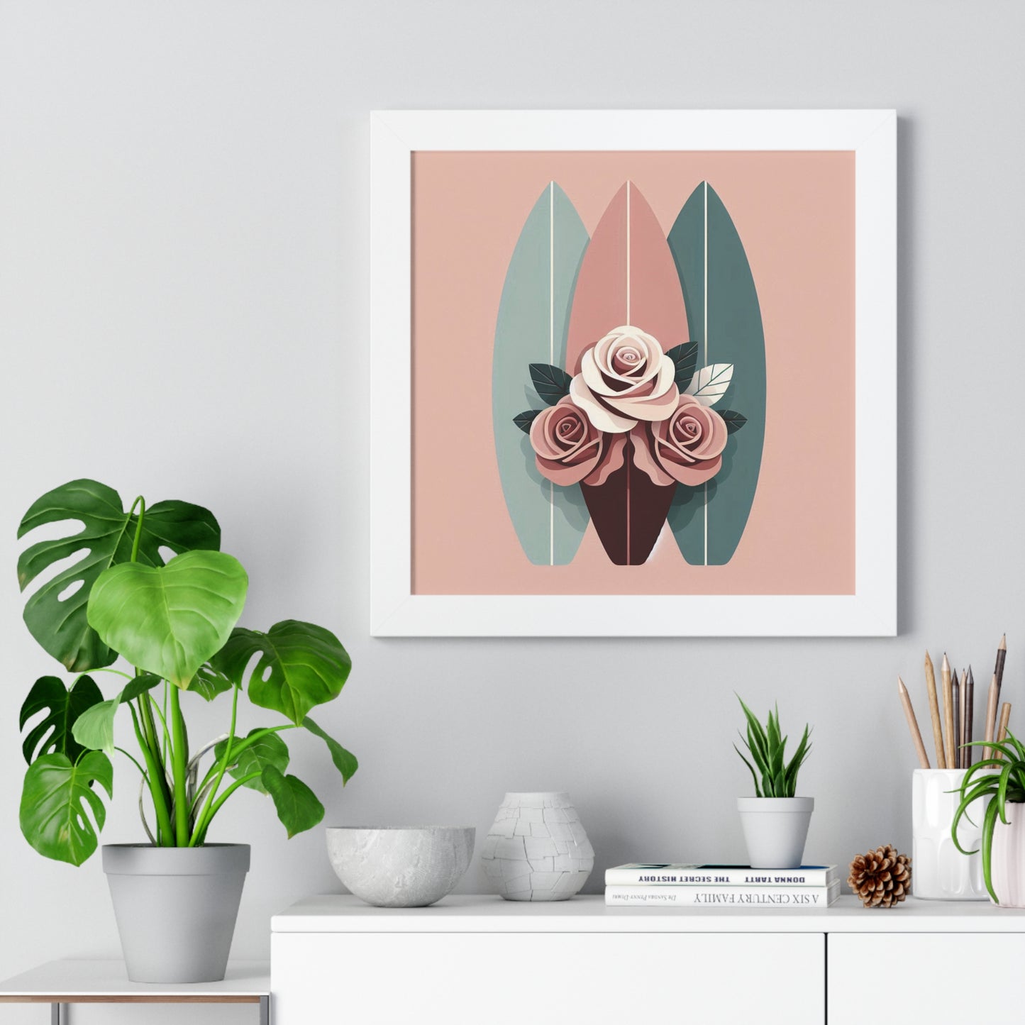 Vertical Poster - Burgundy, Matte Mauve & Teal Surfboard & Roses Wall Art