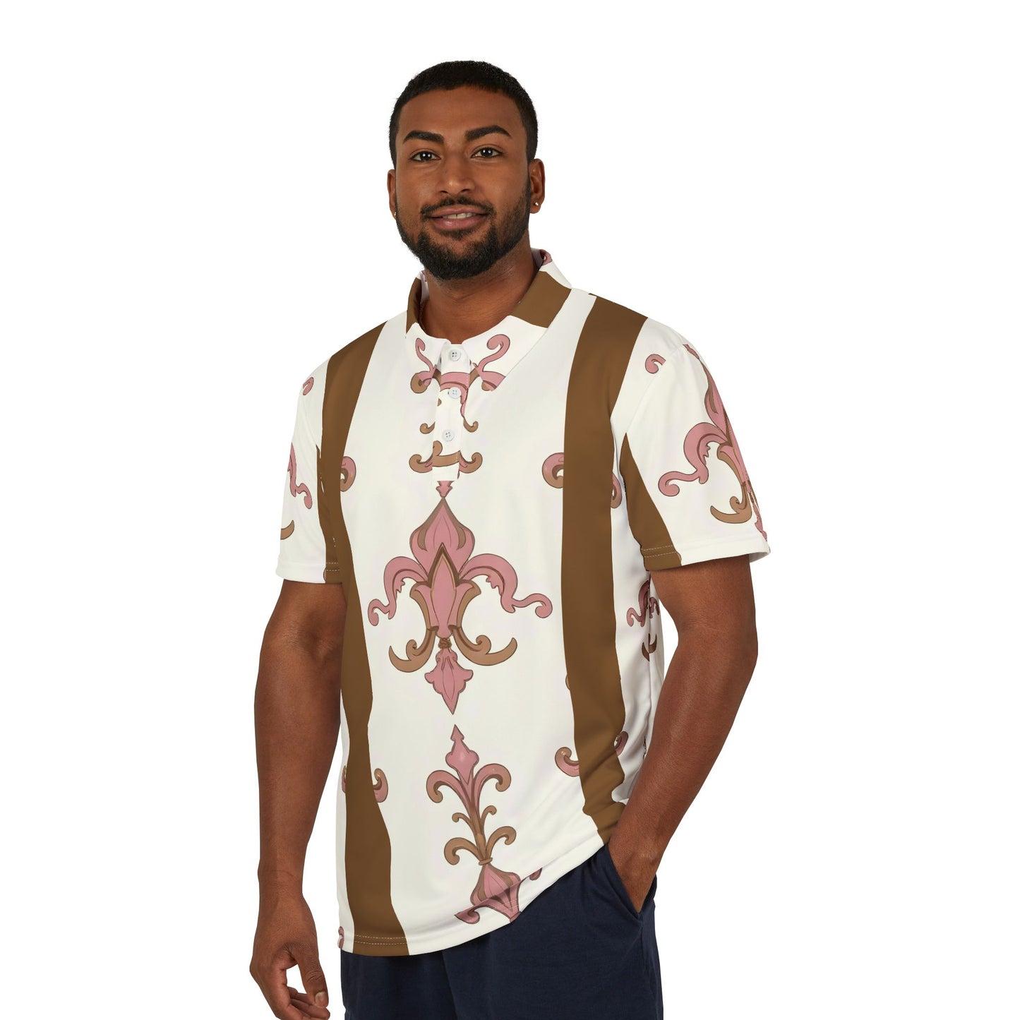 Vintage-Inspired Unisex Polo Shirt, Casual Style, Perfect for Spring/Summer, Everyday Wear, Gift for Him/Her - Brown Striped Pink Arabesque
