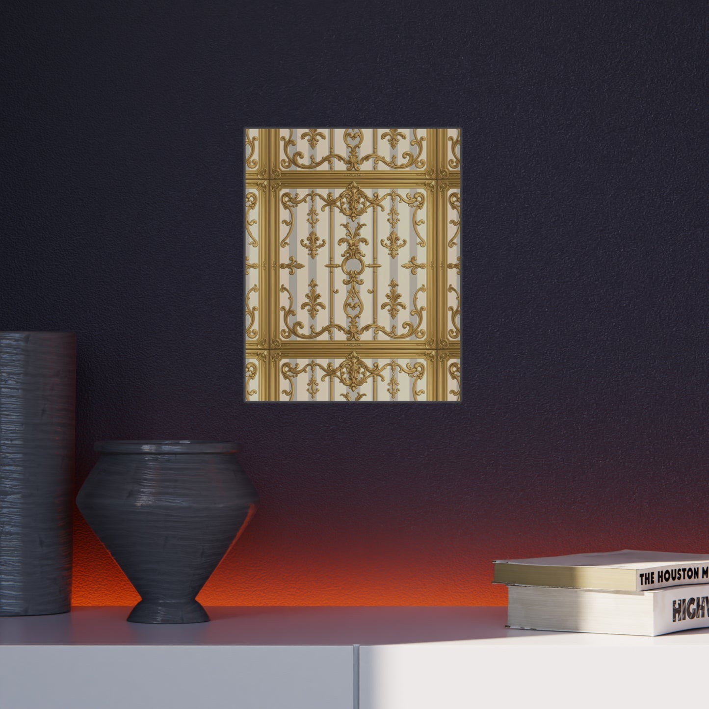 Elegant Ornate Foam Board Art - Luxury Wall Décor, Home Decoration, Versatile Display Board - Matte Gray & Cream Striped Gold Baroque