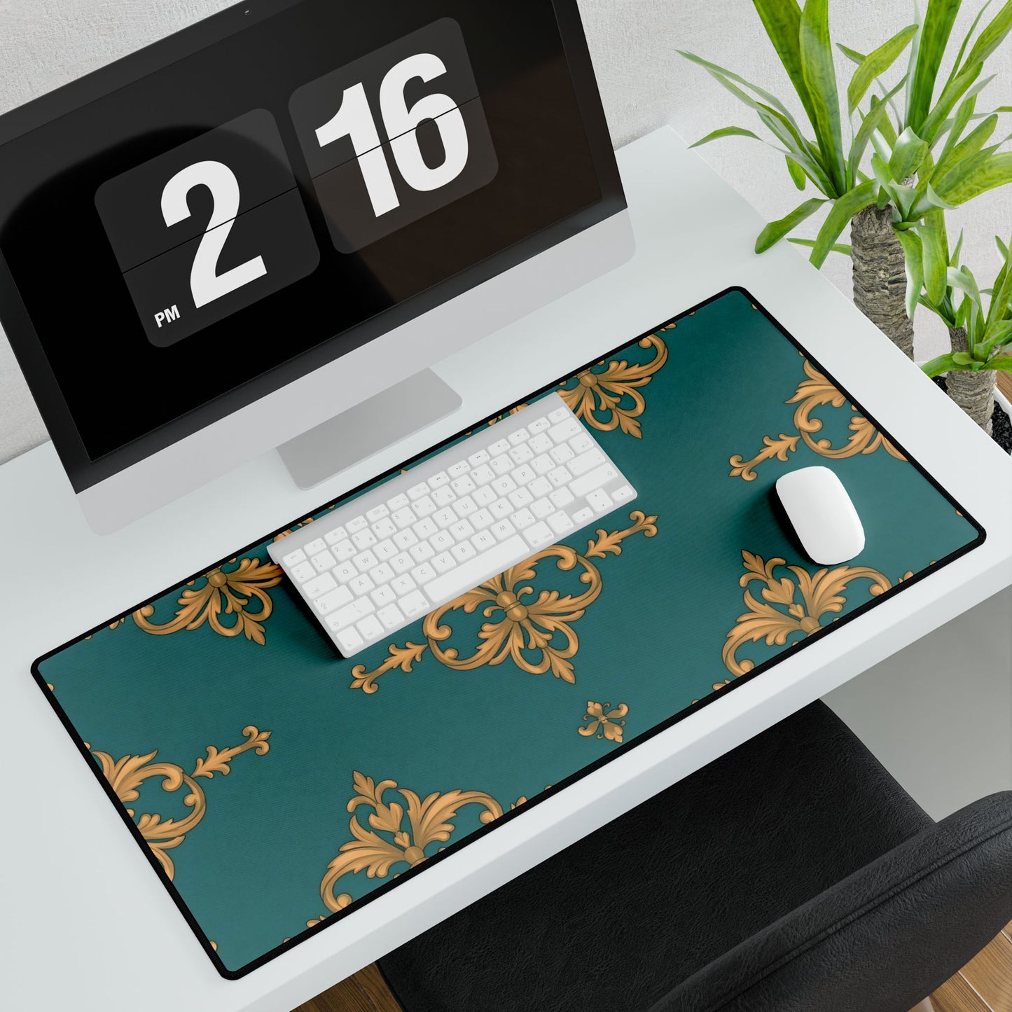 Elegant Floral Desk Mat for Home Office Decor - Teal & Gold Damask