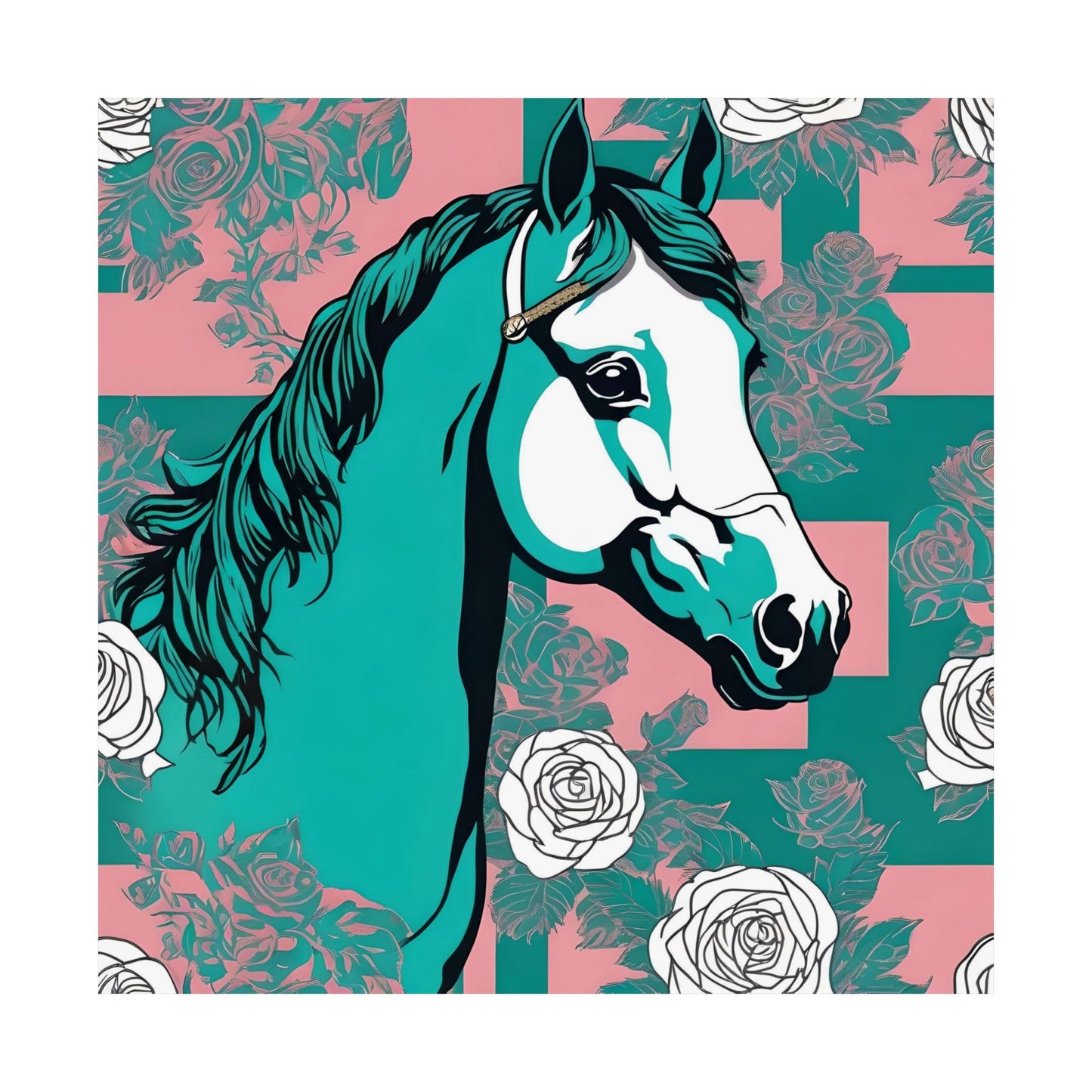 Floral Motif Art Poster - Elegant Matte Vertical Wall Decor - Teal & White Horse