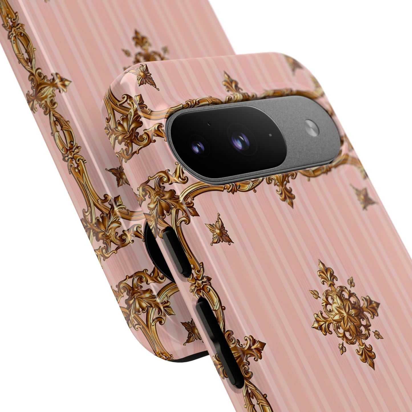 Elegant Floral Phone Case, Tough Cases for Women, Trendy Phone Cover, Chic Gift - Pink Striped Gold Baroque
