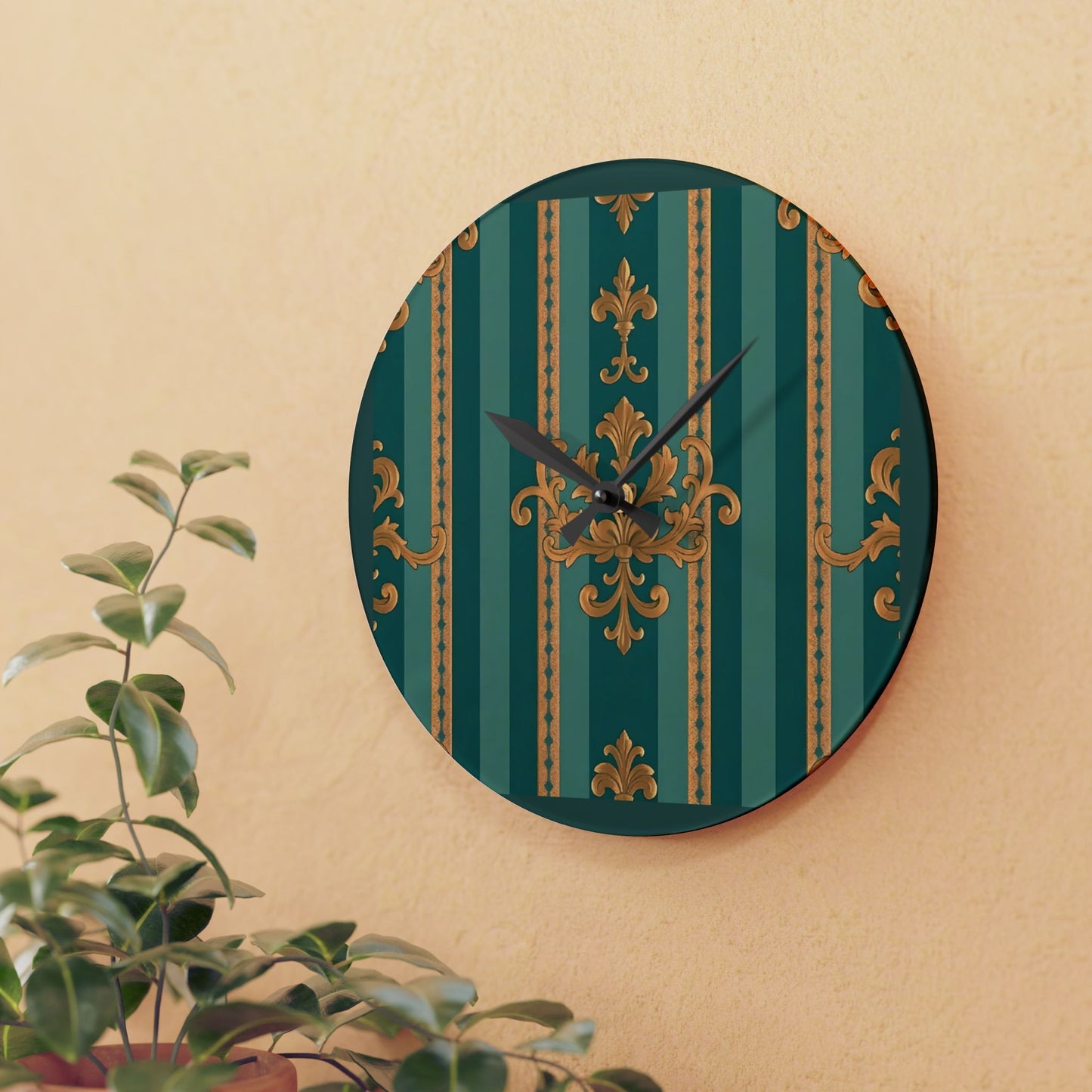 Bohemian Damask-Inspired Acrylic Wall Clock with Floral Design - Teal Striped Gold Damask