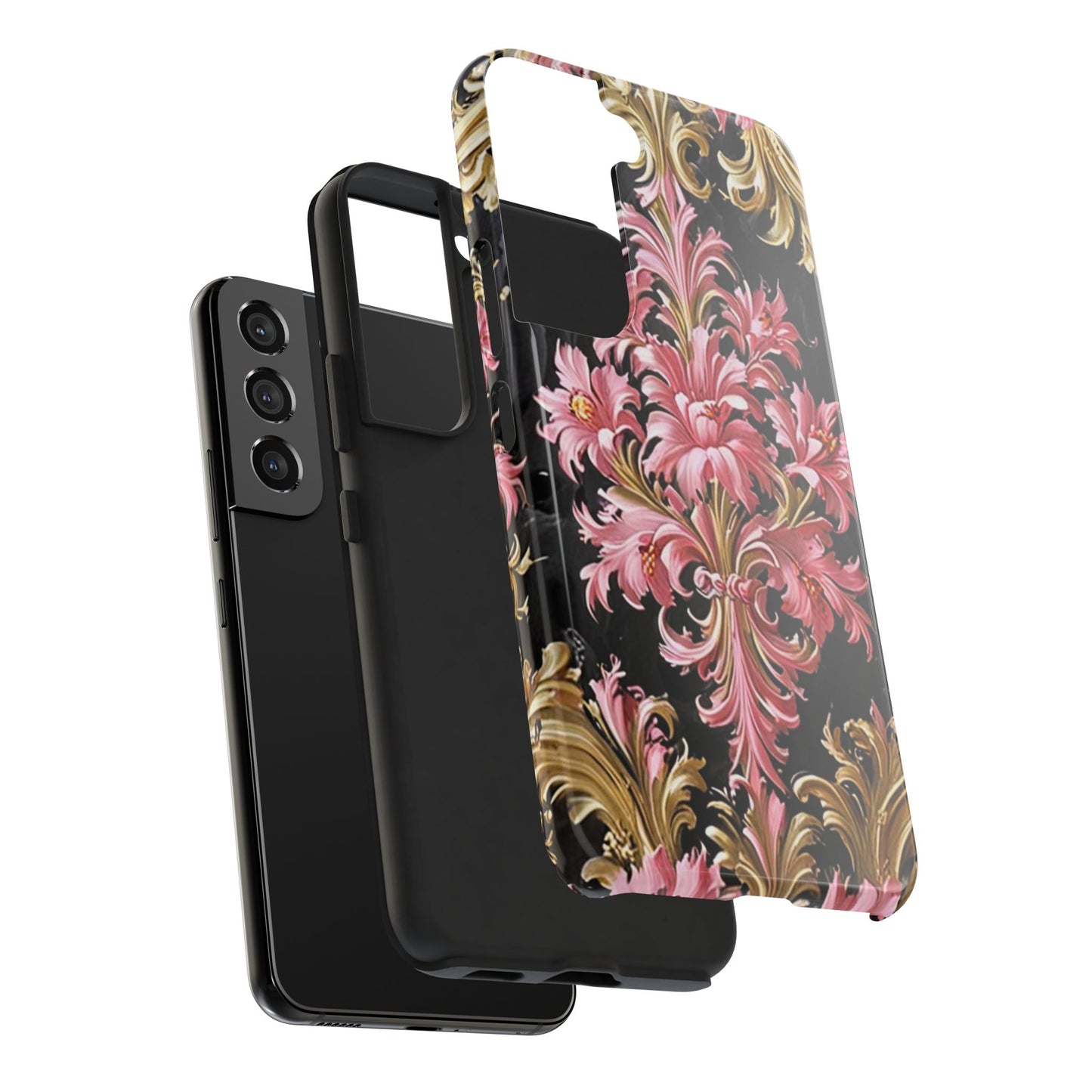 Elegant Floral Tough Phone Cases | Stylish Protection for Her | Gift for Birthdays - Black & Pink Oil Painting Style Rococo