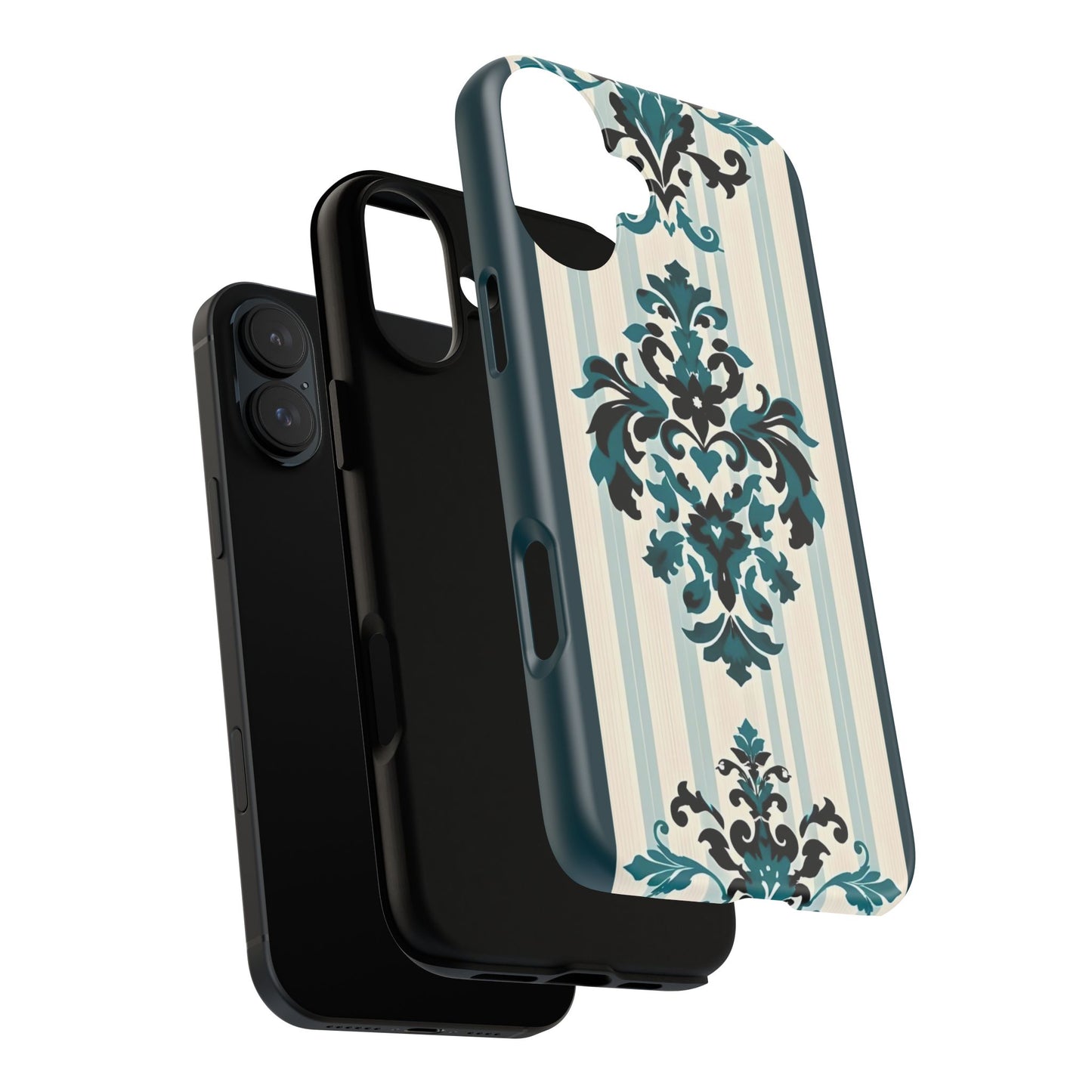 Elegant Floral Phone Case - Tough Cases with Vintage Design - Teal Striped Damask