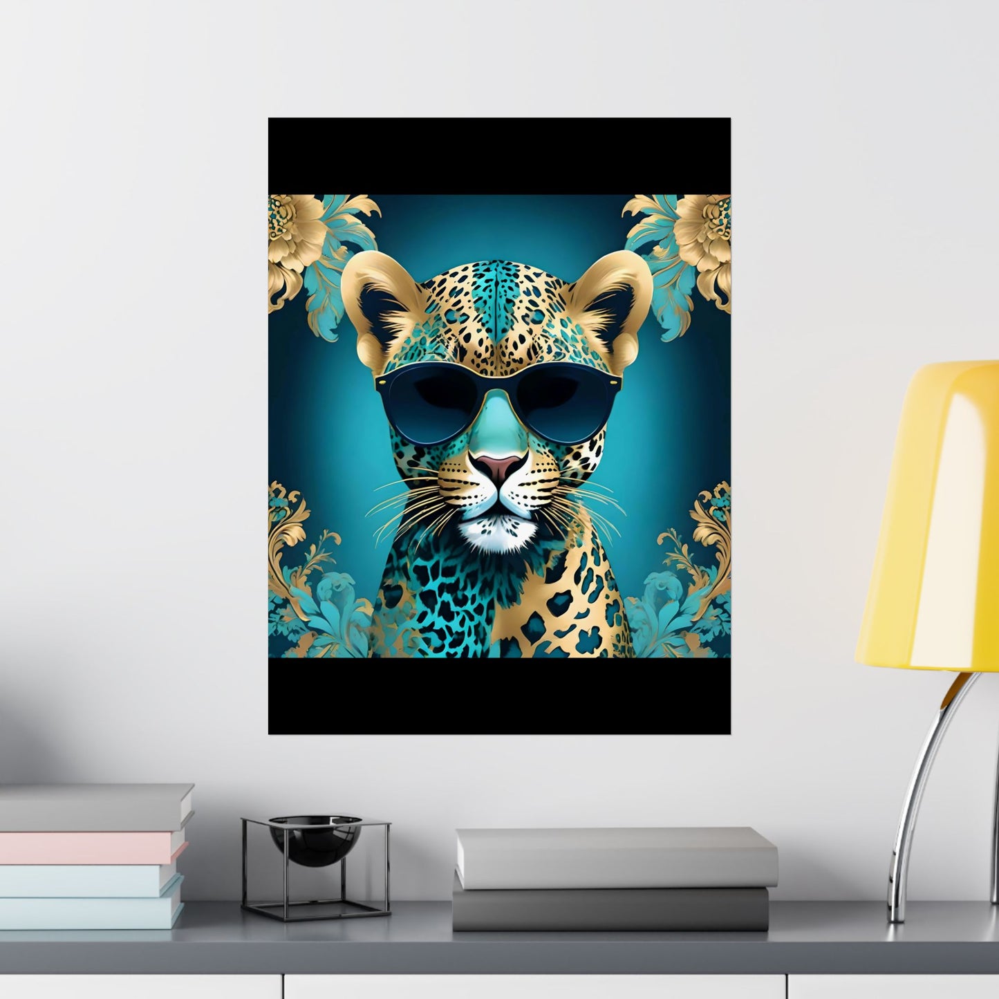 Vertical Wall Poster - Floral Motif Art - Aqua & Gold Leopard in Sunglasses