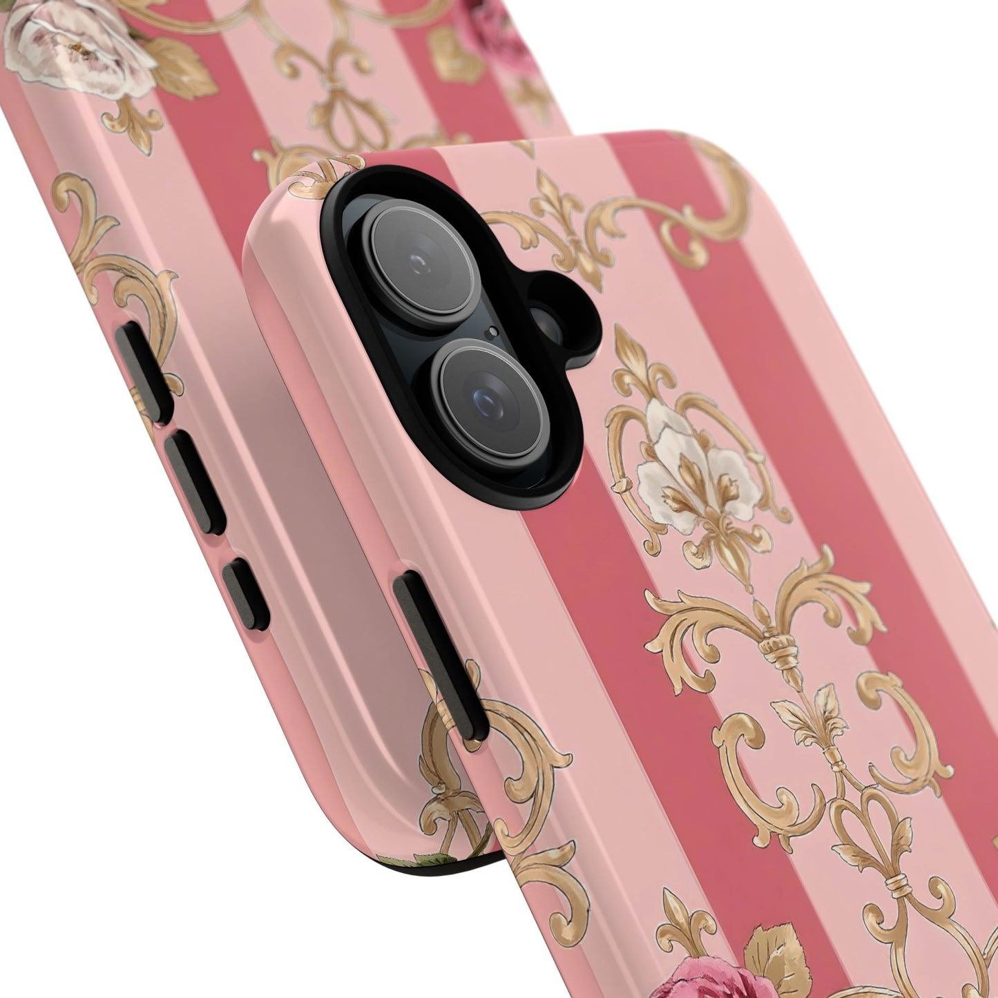 Elegant Floral Motif Phone Case - Tough Cases with Vintage Design - Pink Striped Roses & Damask