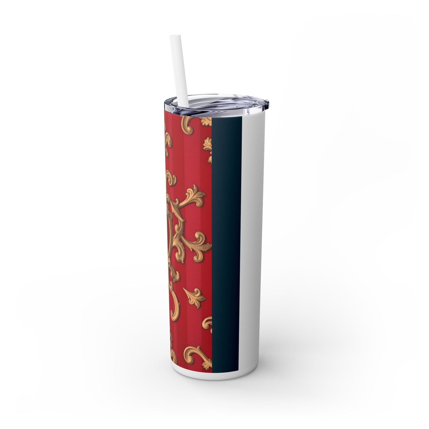 Elegant Red Ornate Skinny Tumbler, Stylish Travel Mug with Straw, Perfect for Gifts, Home Office - Blue, Red & White Striped Baroque