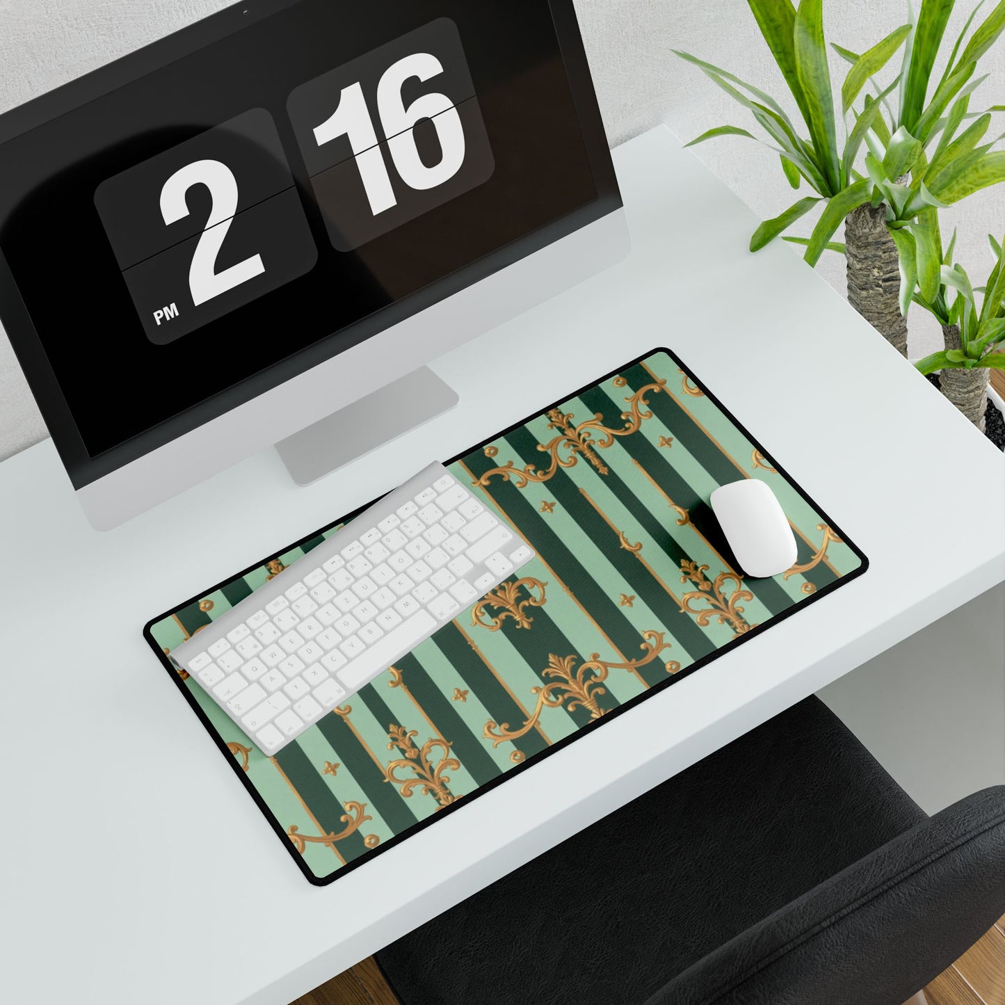 Elegant Office Desk Mats, Decorative Desk Accessories, Home Office Decor, Stylish Mouse Pads - Mint Green & Teal Striped Gold Baroque