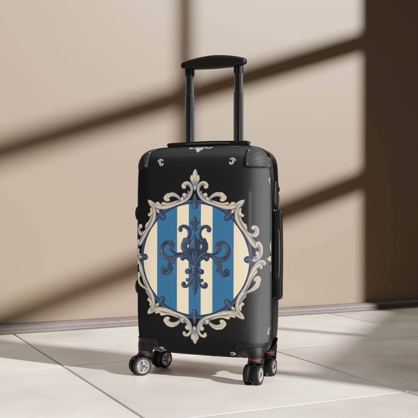 Elegant Blue & Alabaster Striped Baroque Travel Suitcase, Stylish Luggage, Personalized Travel Bag, Chic Weekender Bag, Vacation Essentials