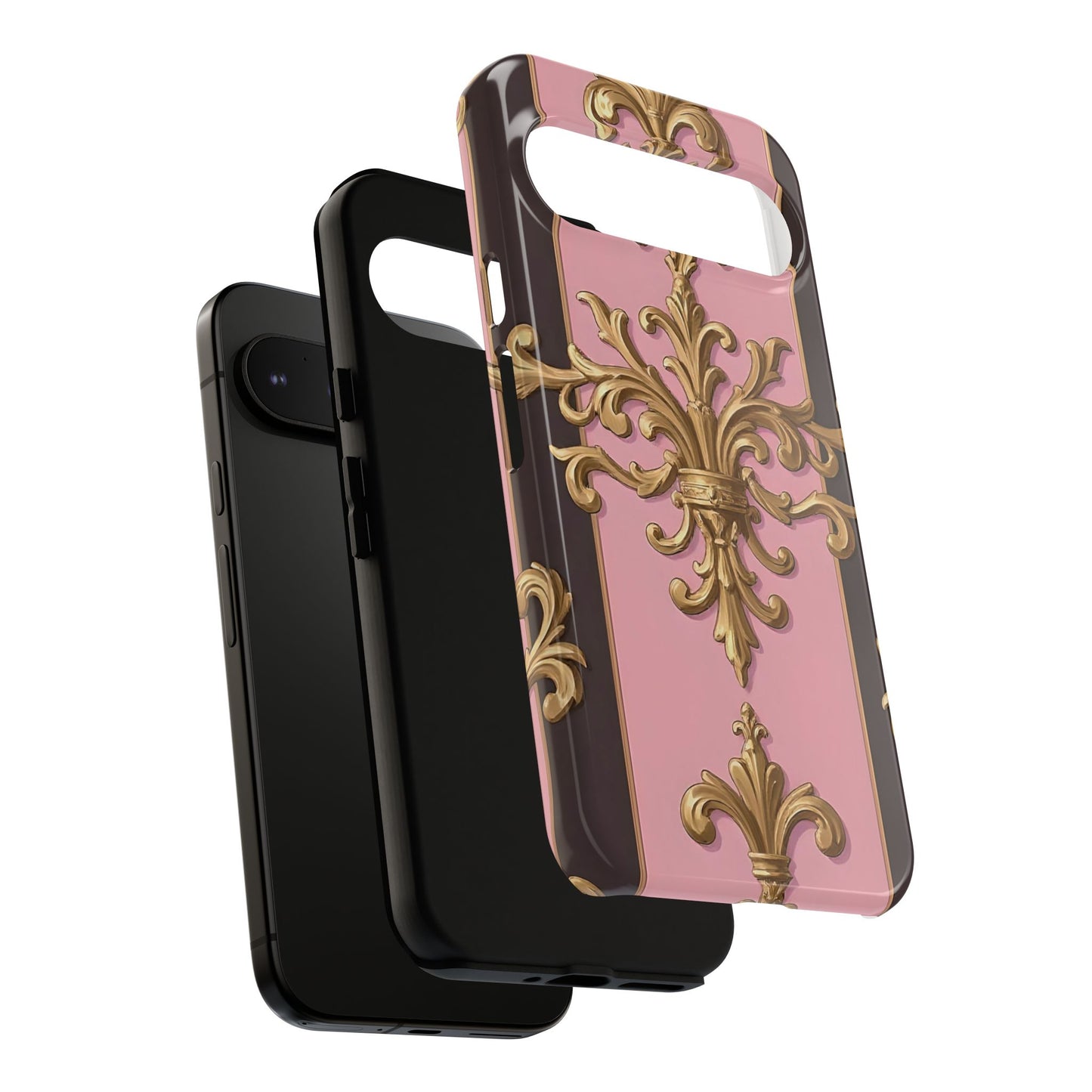 Elegant Floral Motif Phone Case - Tough Cases with Vintage Design - Pink & Brown Striped Gold Damask
